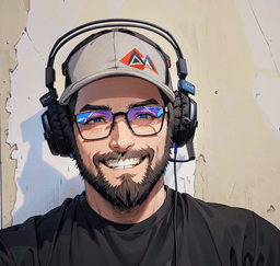 Illustrated portrait of Frédéric wearing a cap, glasses and a headset