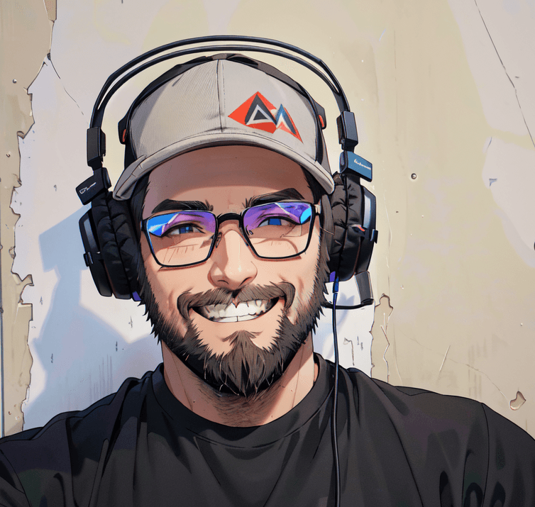 Illustrated portrait of Frédéric wearing a cap, glasses and a headset