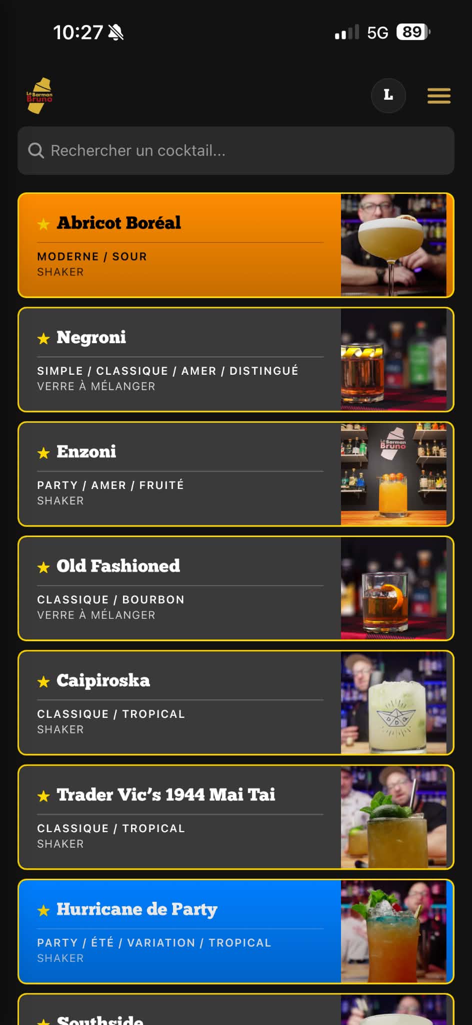 Le Barman Bruno, home screen