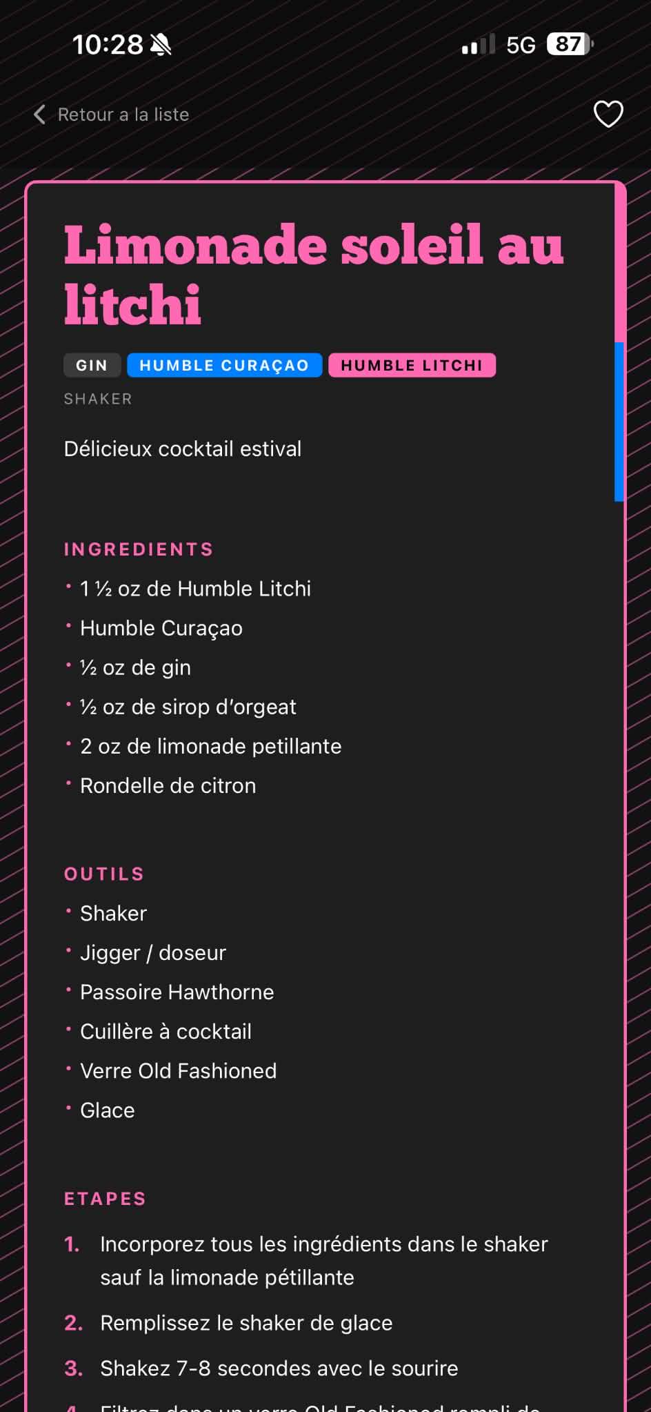 Le Barman Bruno, recipe screen